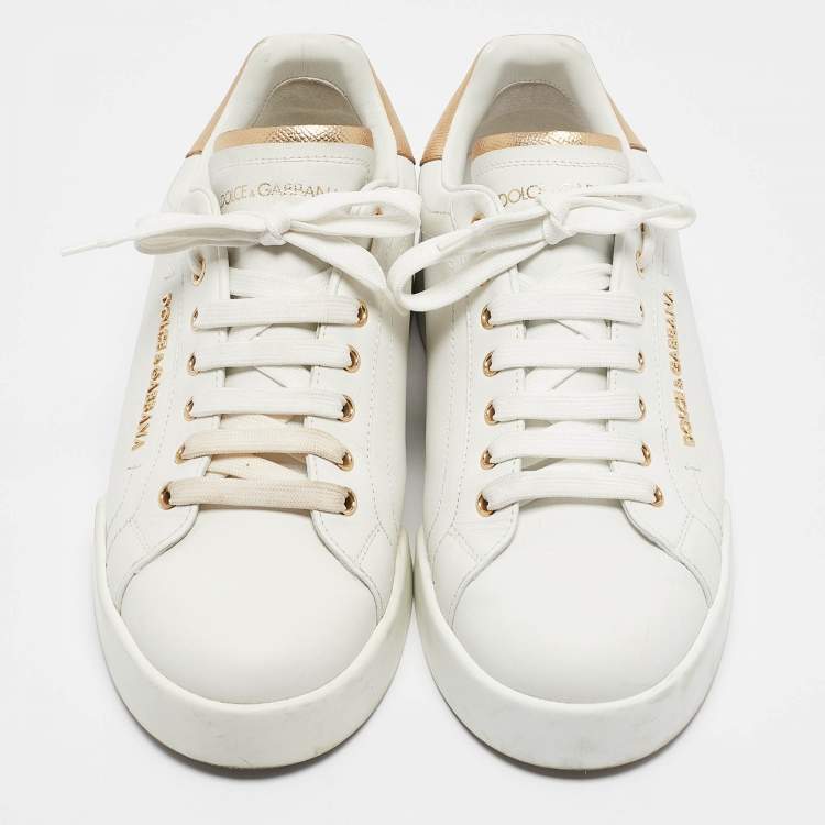 Pre Owned Dolce & Gabbana White/Gold Leather Portofino Sneakers Size 42.5