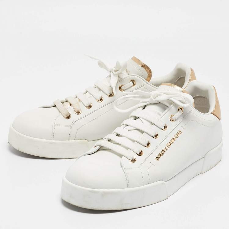 Pre Owned Dolce & Gabbana White/Gold Leather Portofino Sneakers Size 42.5