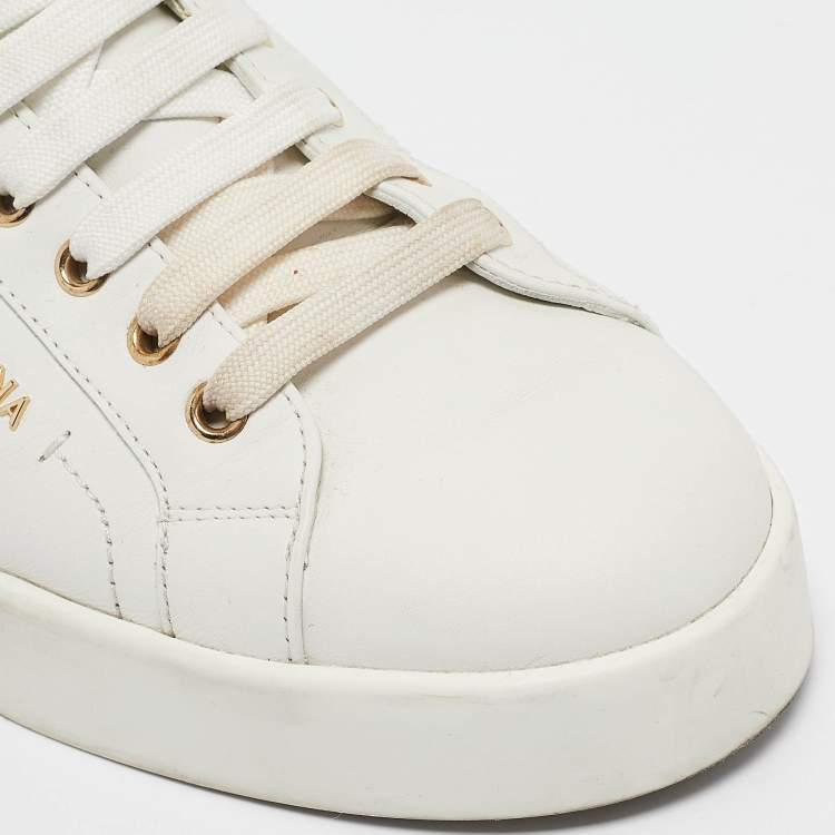 Pre Owned Dolce & Gabbana White/Gold Leather Portofino Sneakers Size 42.5