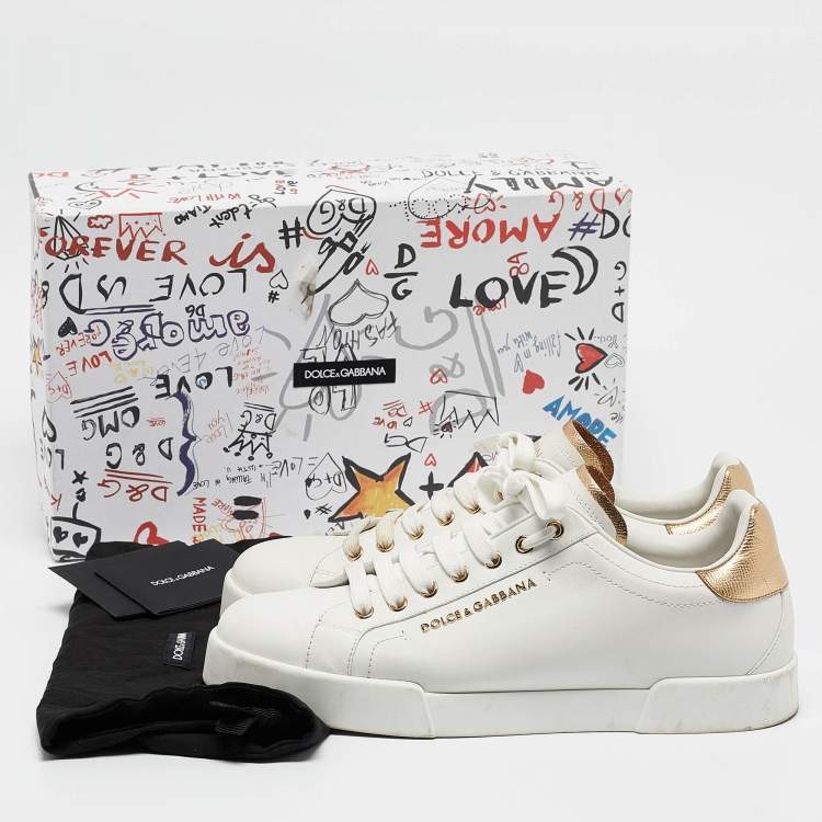 Pre Owned Dolce & Gabbana White/Gold Leather Portofino Sneakers Size 42.5