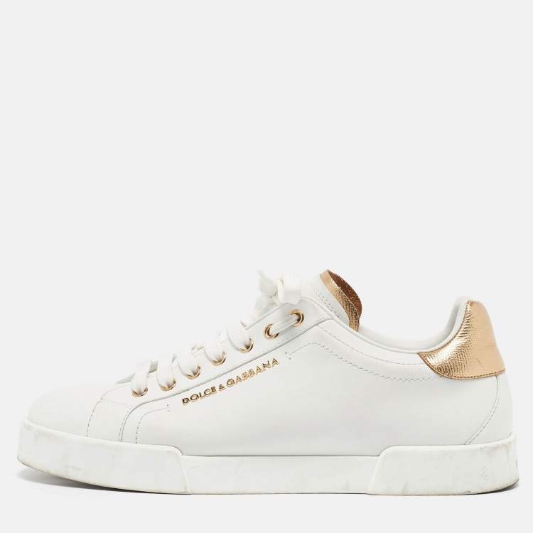 Pre Owned Dolce & Gabbana White/Gold Leather Portofino Sneakers Size 42.5
