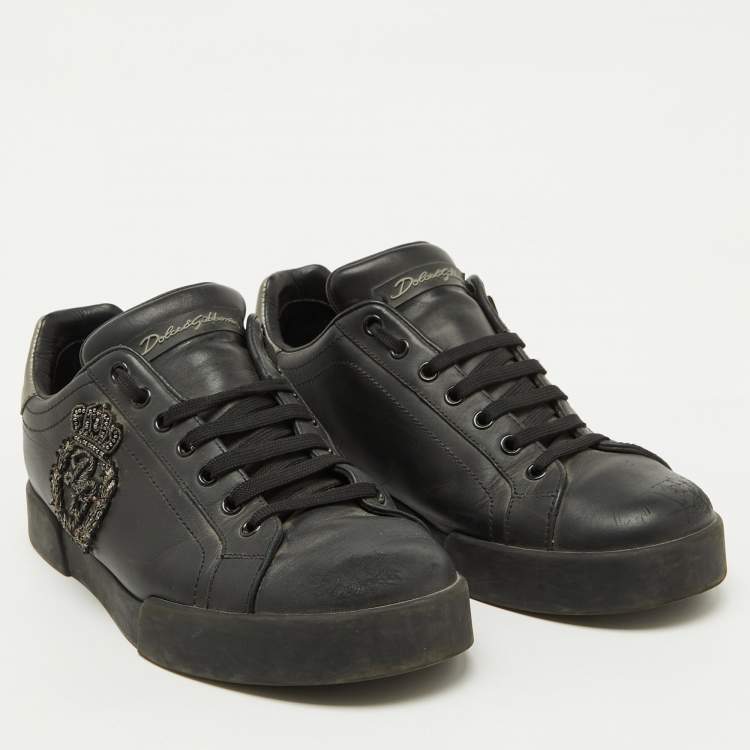Pre Owned Dolce & Gabbana Black Leather Portofino Crown Patch Sneakers Size 41