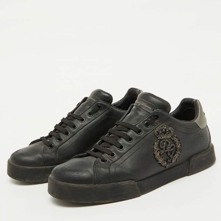 Pre Owned Dolce & Gabbana Black Leather Portofino Crown Patch Sneakers Size 41