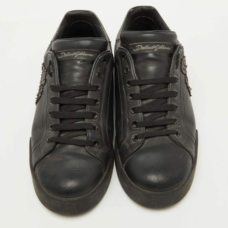 Pre Owned Dolce & Gabbana Black Leather Portofino Crown Patch Sneakers Size 41
