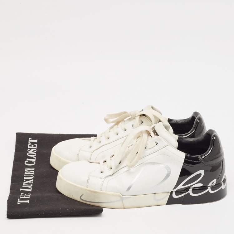 Pre Owned Dolce & Gabbana White/Black Leather and Patent Portofino Lace Up Sneakers Size 40