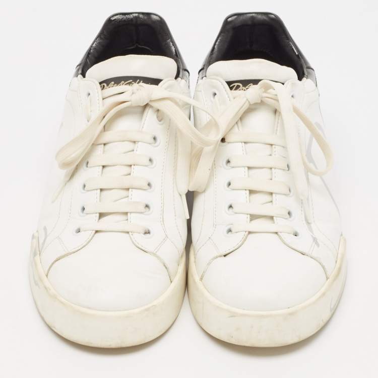 Pre Owned Dolce & Gabbana White/Black Leather and Patent Portofino Lace Up Sneakers Size 40
