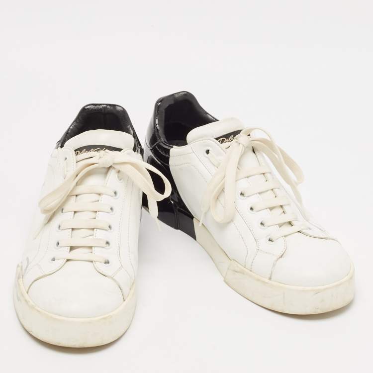 Pre Owned Dolce & Gabbana White/Black Leather and Patent Portofino Lace Up Sneakers Size 40