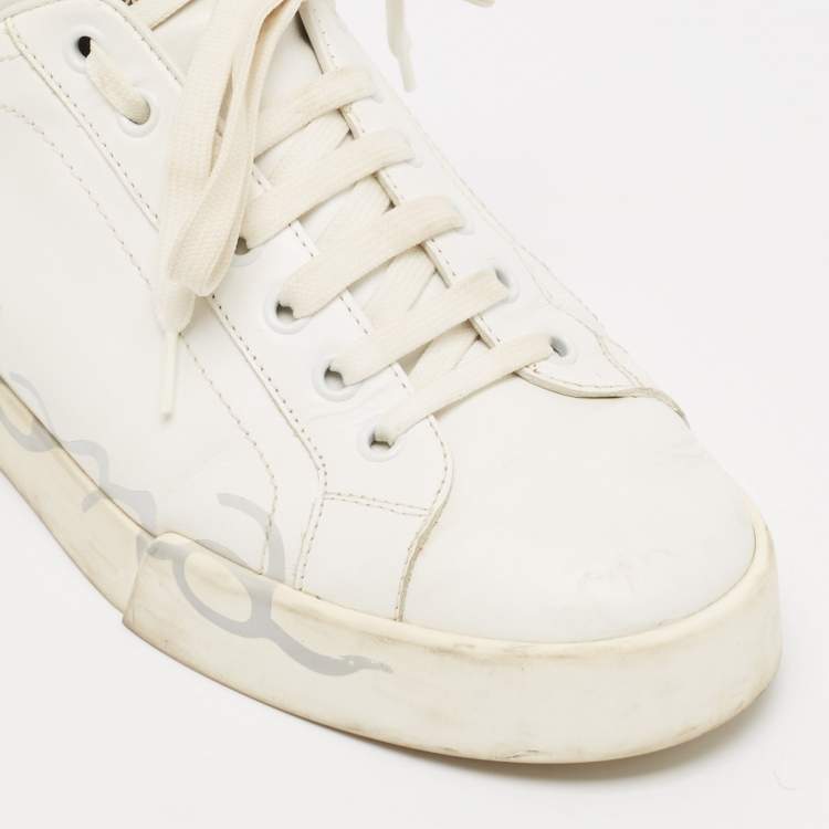Pre Owned Dolce & Gabbana White/Black Leather and Patent Portofino Lace Up Sneakers Size 40