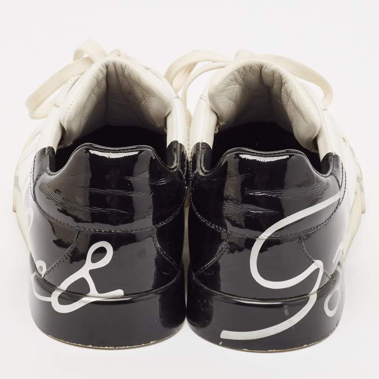 Pre Owned Dolce & Gabbana White/Black Leather and Patent Portofino Lace Up Sneakers Size 40