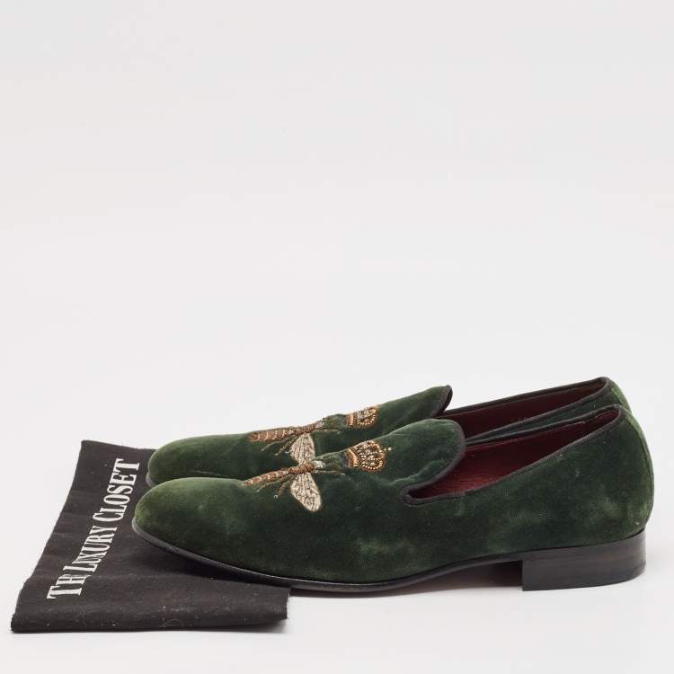 Pre Owned Dolce & Gabbana Green Velvet Bee Embraided Slip On Loafers Size 42