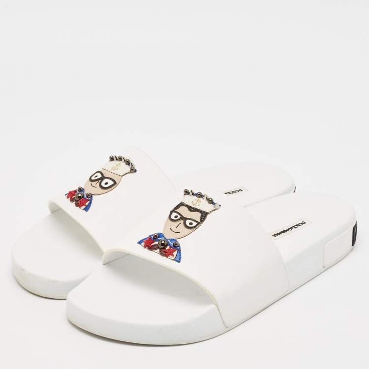 Pre Owned Dolce & Gabbana White Rubber Studded Accents Pool Slide Sandals Size 41