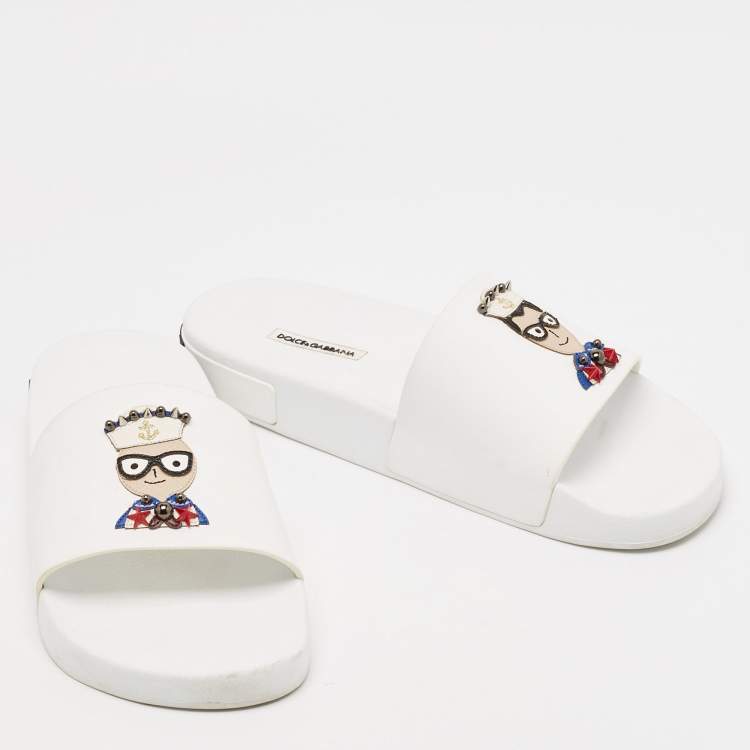 Pre Owned Dolce & Gabbana White Rubber Studded Accents Pool Slide Sandals Size 41