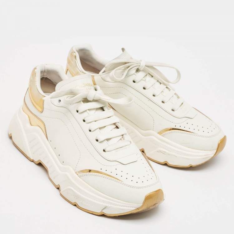 Pre Owned Dolce & Gabbana White/Gold Leather Daymaster Sneakers Size 41
