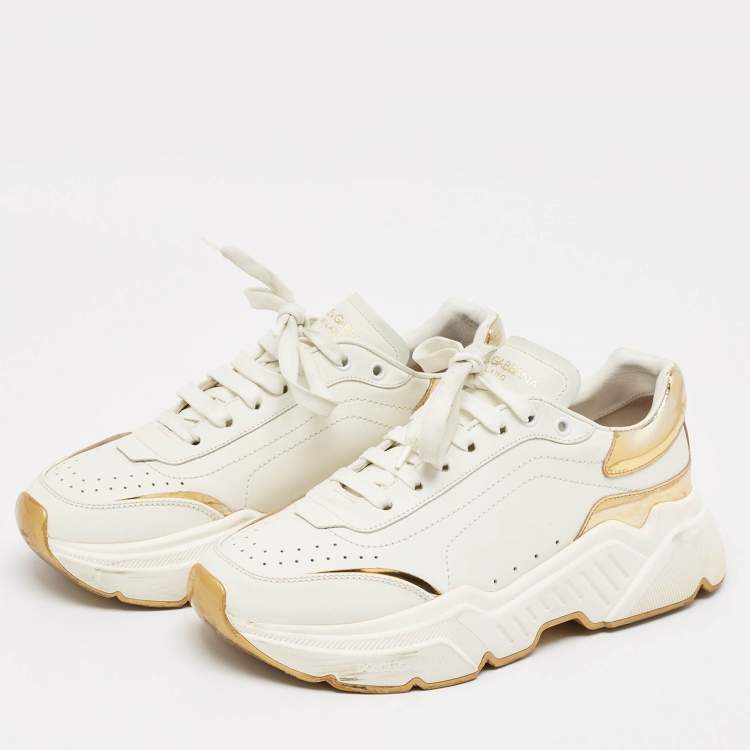 Pre Owned Dolce & Gabbana White/Gold Leather Daymaster Sneakers Size 41