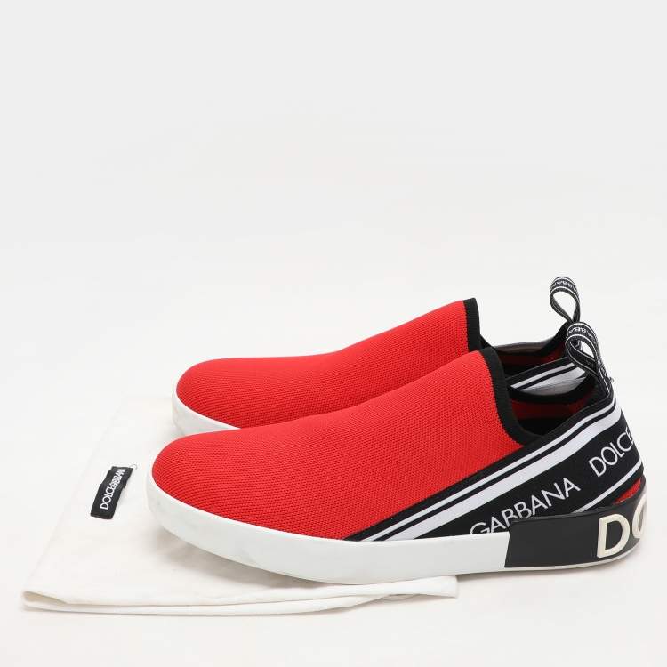 Pre Owned Dolce & Gabbana Red/Black Knit Fabric Portofino Slip On Sneakers Size 40