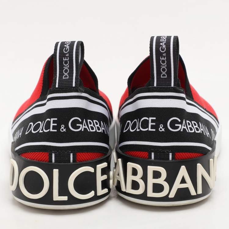 Pre Owned Dolce & Gabbana Red/Black Knit Fabric Portofino Slip On Sneakers Size 40