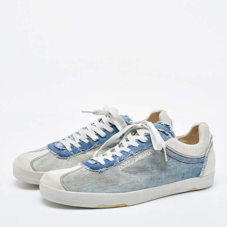 Pre Owned Dolce & Gabbana Blue/White Denim and Leather Lace Up Sneakers Size 44