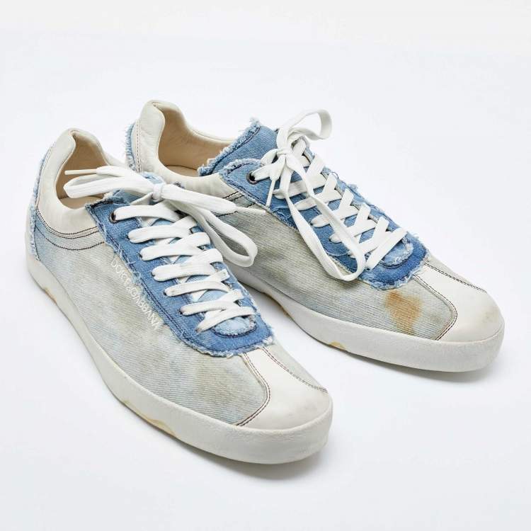 Pre Owned Dolce & Gabbana Blue/White Denim and Leather Lace Up Sneakers Size 44