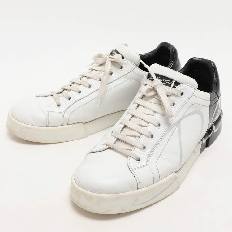 Pre Owned Dolce & Gabbana White/Black Leather Portofino Low Top Sneakers Size 43.5
