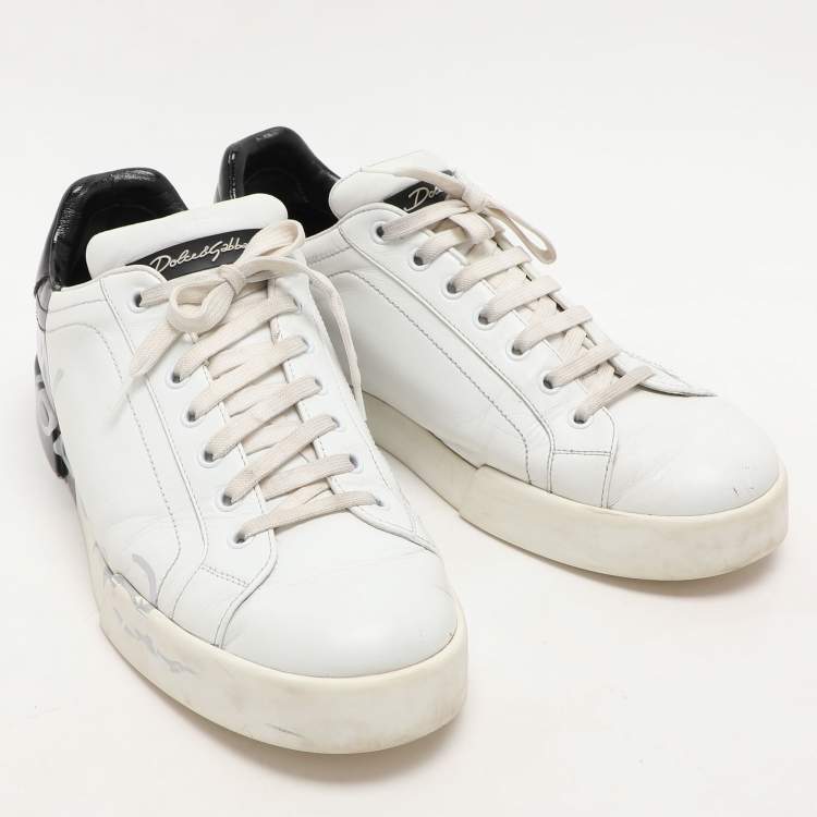Pre Owned Dolce & Gabbana White/Black Leather Portofino Low Top Sneakers Size 43.5