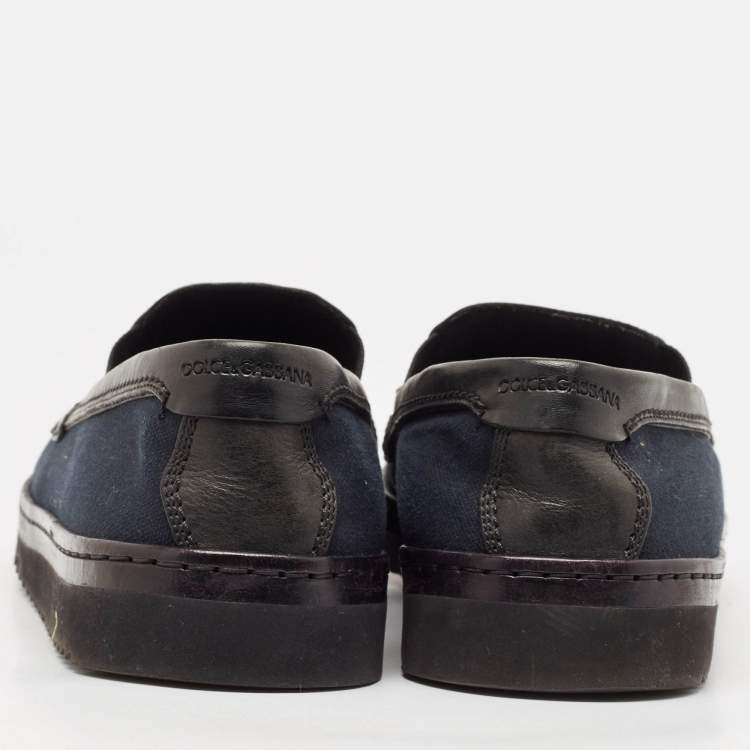 Pre Owned Dolce & Gabbana Blue/Black Denim and Leather Slip On Sneakers Size 44