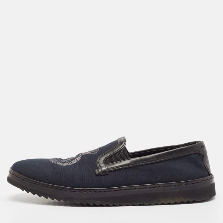 Pre Owned Dolce & Gabbana Blue/Black Denim and Leather Slip On Sneakers Size 44
