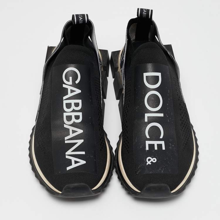 Pre Owned Dolce & Gabbana Black/White Knit Fabric Sorrento Slip On Sneakers Size 43