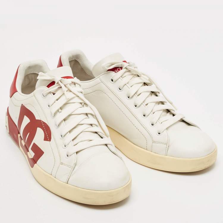 Pre Owned Dolce & Gabbana White/Burgundy Leather Portifino Sneakers Size 44 
