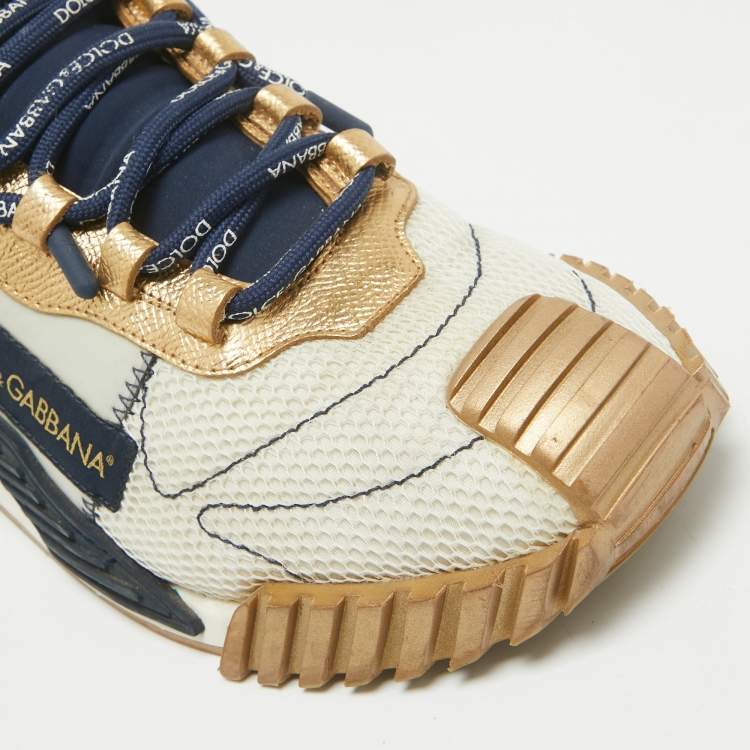 Pre Owned Dolce & Gabbana White/Gold Knit Fabric and  Leather NS1 Sneakers Size 40