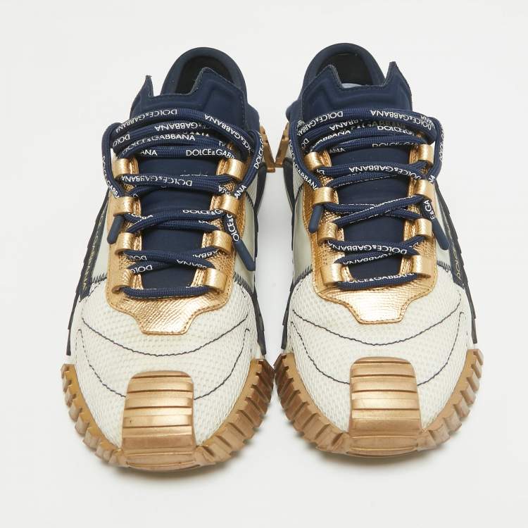 Pre Owned Dolce & Gabbana White/Gold Knit Fabric and  Leather NS1 Sneakers Size 40