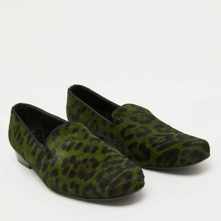 Pre Owned Dolce & Gabbana Green Animal Print Calf Hair Smoking Slippers Size 41