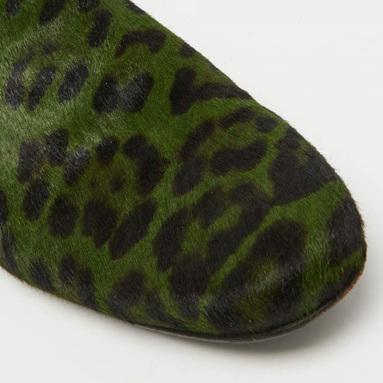 Pre Owned Dolce & Gabbana Green Animal Print Calf Hair Smoking Slippers Size 41