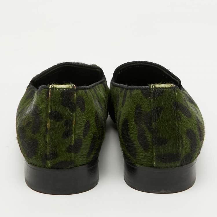 Pre Owned Dolce & Gabbana Green Animal Print Calf Hair Smoking Slippers Size 41