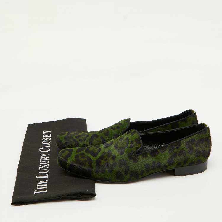 Pre Owned Dolce & Gabbana Green Animal Print Calf Hair Smoking Slippers Size 41