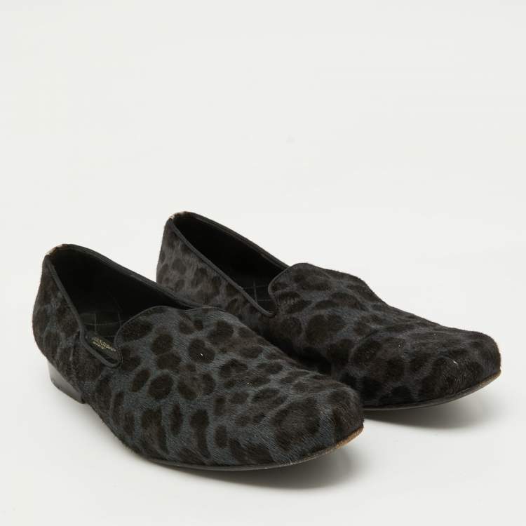 Pre Owned Dolce & Gabbana Grey Animal Print Calf Hair Smoking Slippers Size 41