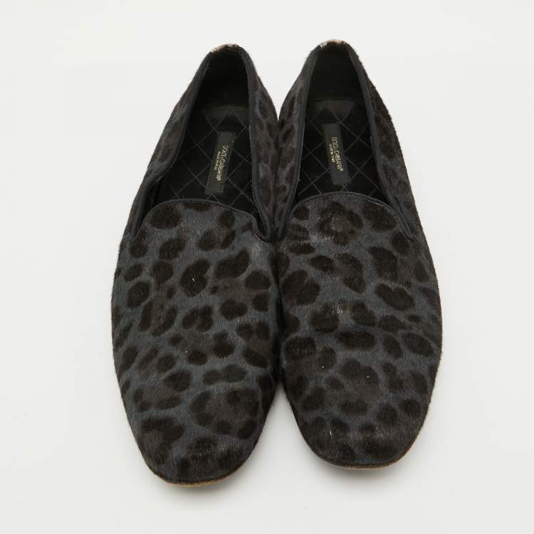 Pre Owned Dolce & Gabbana Grey Animal Print Calf Hair Smoking Slippers Size 41