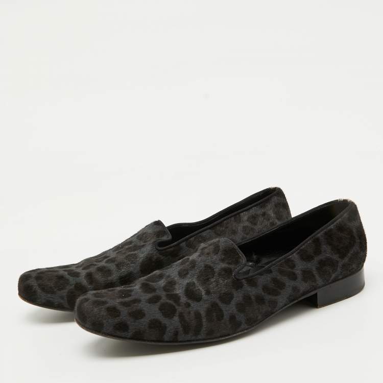 Pre Owned Dolce & Gabbana Grey Animal Print Calf Hair Smoking Slippers Size 41