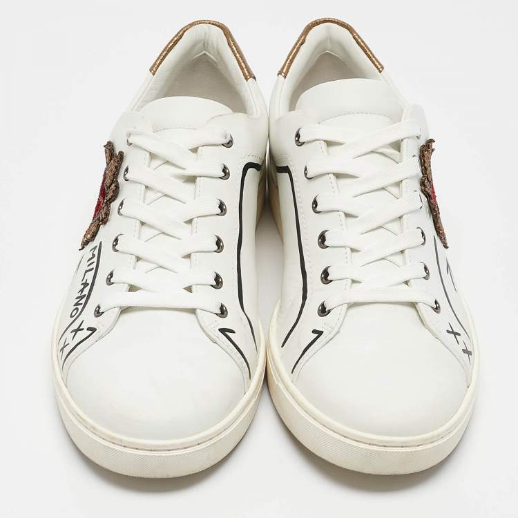 Pre Owned Dolce & Gabbana White Leather Heart Embellished Lace Up Sneakers Size 42