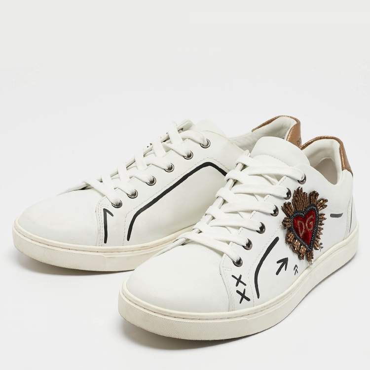 Pre Owned Dolce & Gabbana White Leather Heart Embellished Lace Up Sneakers Size 42