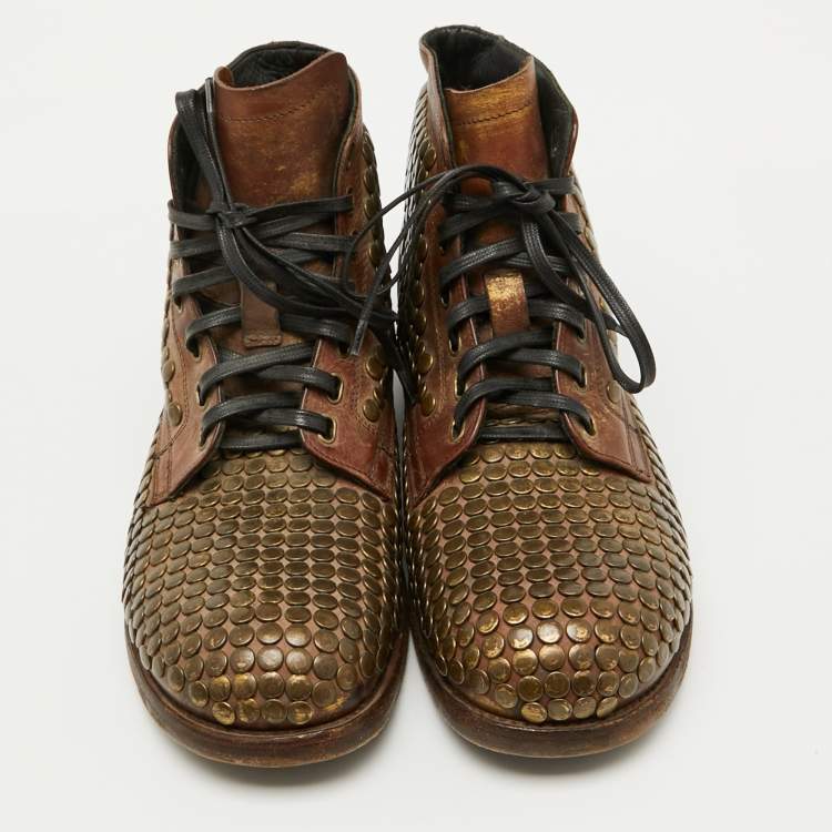 Pre Owned Dolce & Gabbana Brown Leather Runway Studs Cortina Ankle Boots Size 43