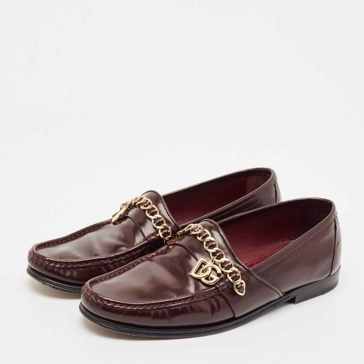 Pre Owned Dolce & Gabbana Burgundy Leather DG Chain Link Slip On Loafers Size 42