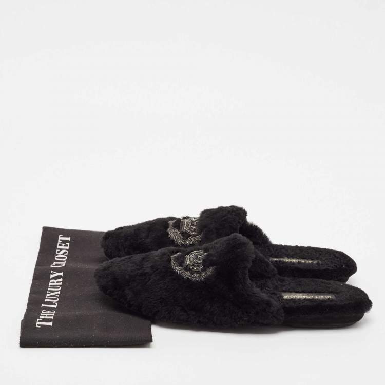 Pre Owned Dolce & Gabbana Black Fur Crown Crystal Embellished Flat Mules Size 44