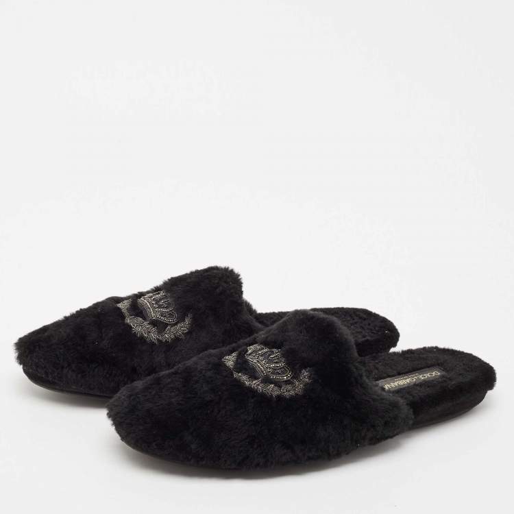 Pre Owned Dolce & Gabbana Black Fur Crown Crystal Embellished Flat Mules Size 44
