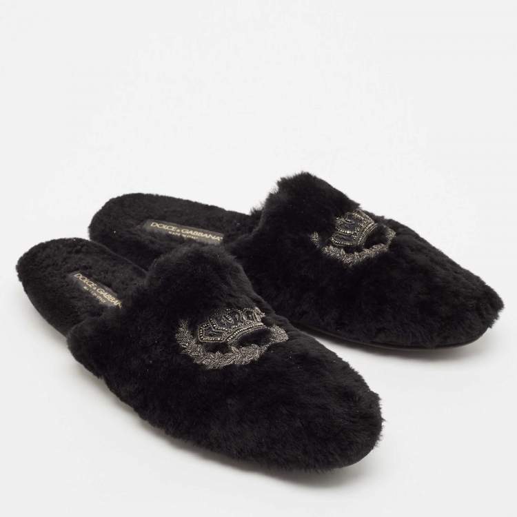 Pre Owned Dolce & Gabbana Black Fur Crown Crystal Embellished Flat Mules Size 44