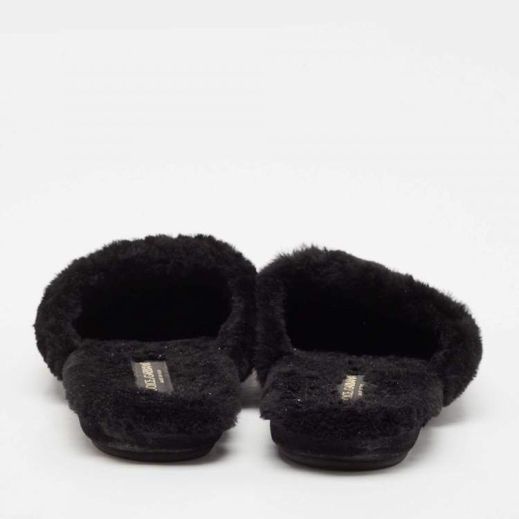Pre Owned Dolce & Gabbana Black Fur Crown Crystal Embellished Flat Mules Size 44