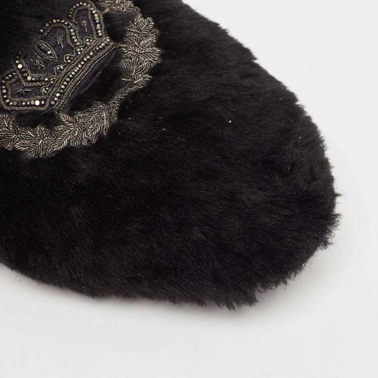 Pre Owned Dolce & Gabbana Black Fur Crown Crystal Embellished Flat Mules Size 44
