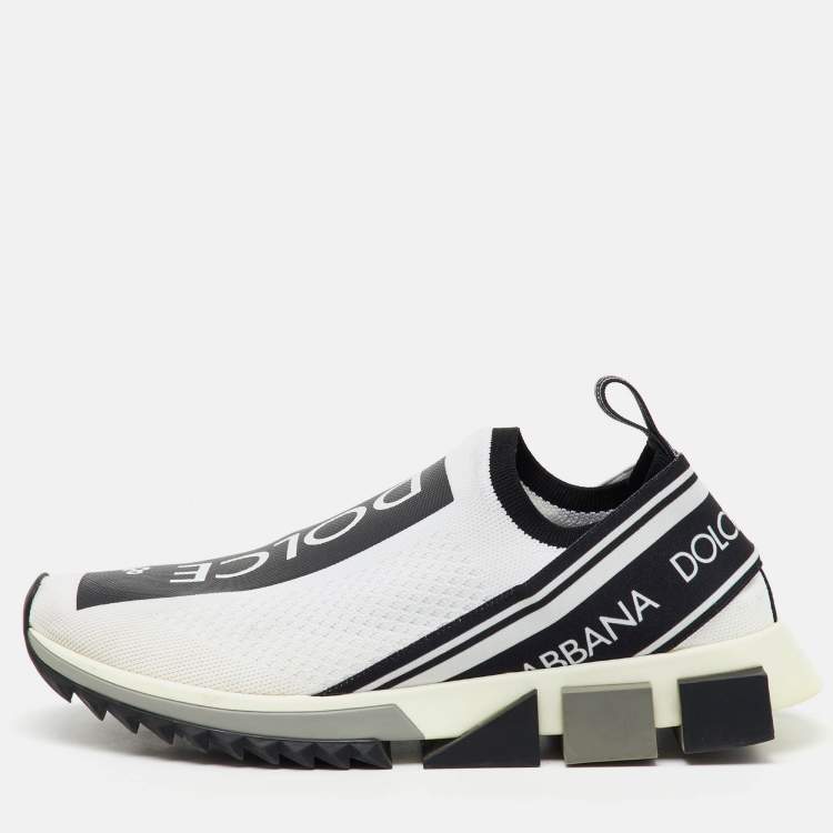 Pre Owned Dolce & Gabbana White/Black Stretch Knit Sorrento Slip On Sneakers Size 41.5