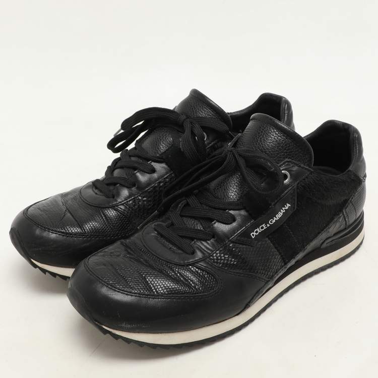 Pre Owned Dolce & Gabbana Black Calf Hair and Exotic Embossed Leather Lace Up Sneakers Size 43