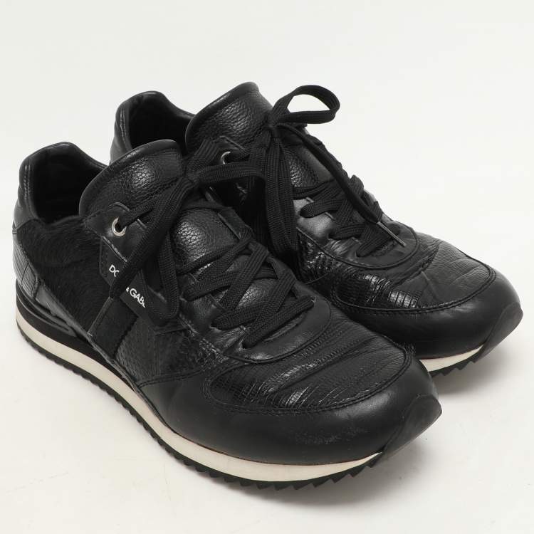 Pre Owned Dolce & Gabbana Black Calf Hair and Exotic Embossed Leather Lace Up Sneakers Size 43