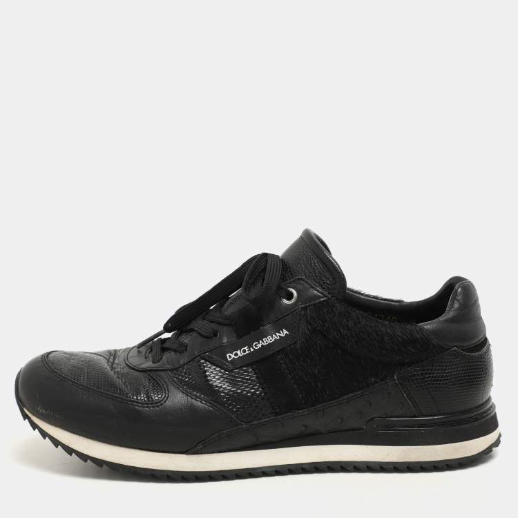 Pre Owned Dolce & Gabbana Black Calf Hair and Exotic Embossed Leather Lace Up Sneakers Size 43